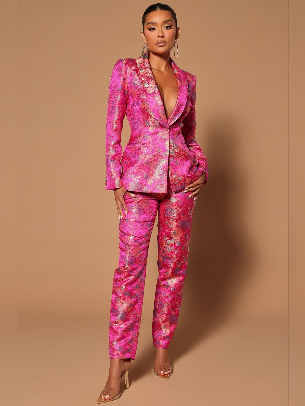 Nova LUXE Pink Floral Brocade Tailored suit Set